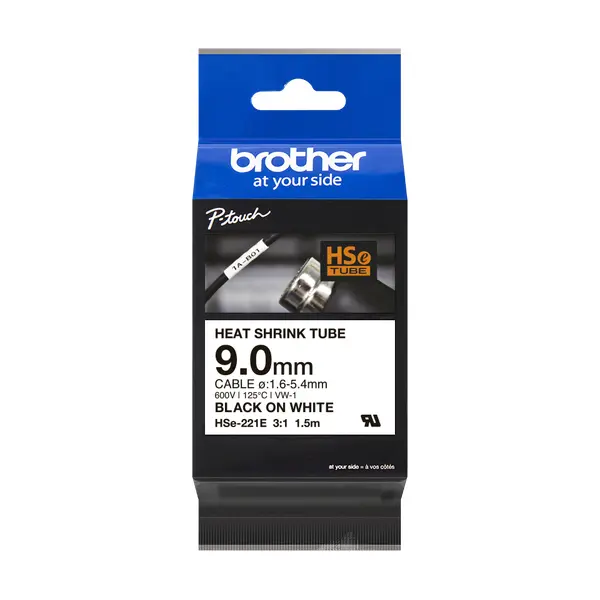 Brother HSe-221E 熱縮套管標籤帶 白底黑字 9mm